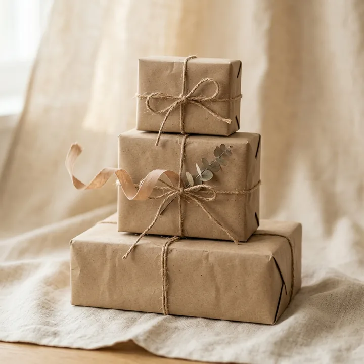 A pyramid of three handmade gifts in kraft paper tied with twine bows, set on linen by a softly lit window — one ribbon mid-flutter as if just tied.